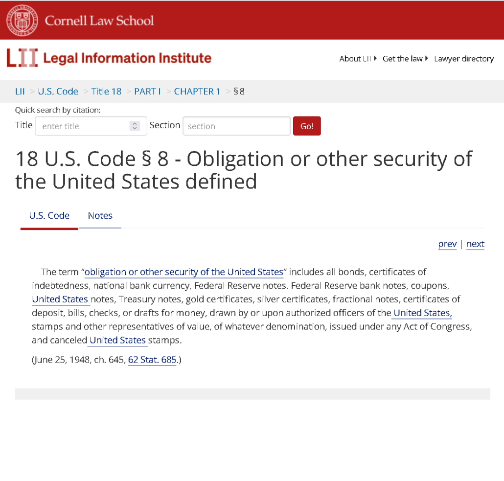 18 U.S. Code § 8 - Obligation or other security of the United States defined 18 U.S. Code § 8 - Obligation or other security of the United States defined